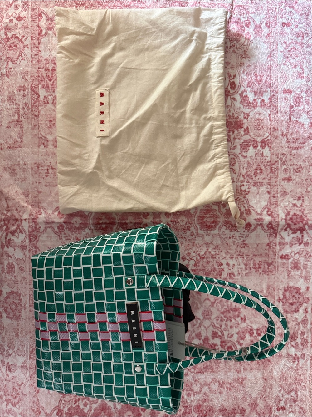 Marni Green Woven Tote with Pink and White Stripe